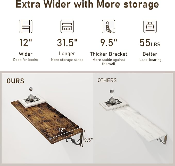 Deep Floating Shelves, 31" W x 12" D Wall Shelves Set of 2, Wide Display Shelf Wall Mounted with Brackets, Bookshelf for Living Room, Bathroom, Bedroom, Rustic Brown