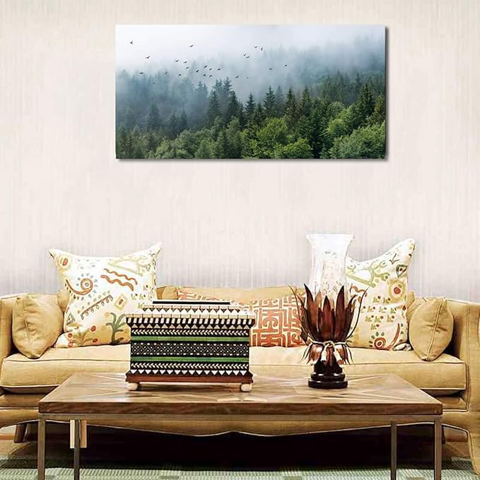 Green Forest Wall Art Tropical Forest Mountain Bird Contemporary Canvas Pictures Modern Artwork Framed for Bathroom Bedroom Nursery Living Room Home Office Kitchen Wall Decor 20" x 40"
