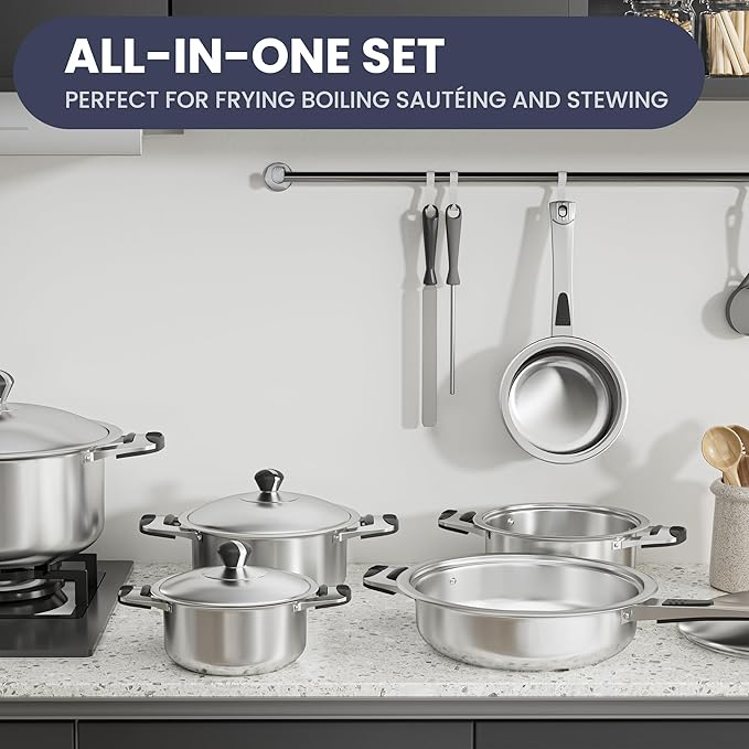 Stainless Steel Cookware Set, 12-Piece Nonstick Stainless Steel Pan Set, D5-Ply Base for Even Heating, Dishwasher Safe, Vented Glass Lids, Heavy-Duty, Especially for Home & Beginner Cooking