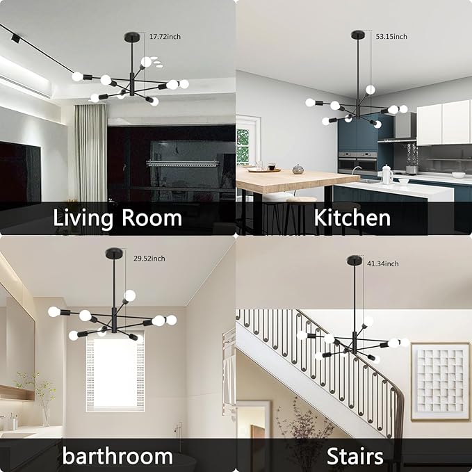Modern Chandelier Ceiling Light Fixture, 53InchH Sputnik Chandeliers for Dining Room Hanging Light Fixtures Over Table Height Adjustable for Bedroom Kitchen Island Foyer 8-Light Black