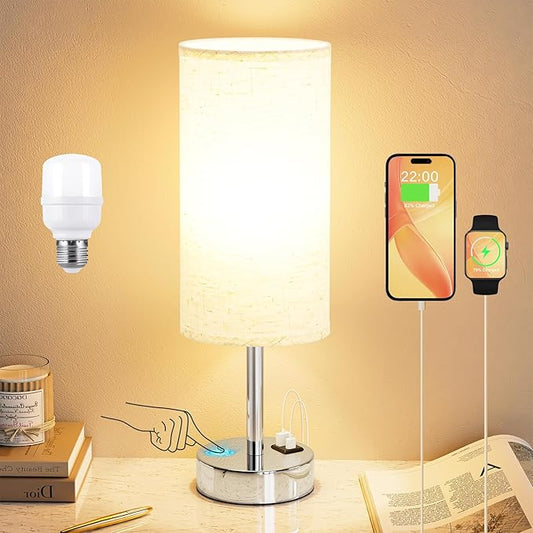 Dicoool Touch Table Lamp for Bedroom Nightstand - Bedside Lamp with USB-C USB-A Charging Ports White, 3 Way Dimmable Small Desk Lamp for Bedroom, Dorm Room, Office, Living Room, Reading, Bathroom