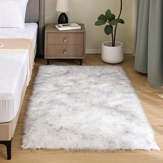 Latepis 3x4 Area Rug White and Grey Tips Faux Sheepskin Fur Rug Washable Fluffy Rugs for Bedroom Bedside Plush Fuzzy Boho Rug Luxury Home Decor