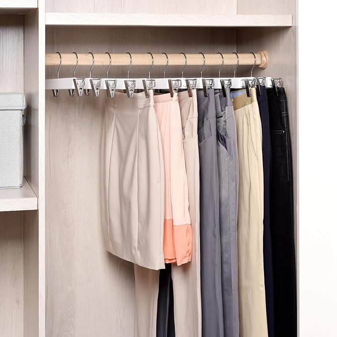 Amber Home 10 Pack 14.17" Solid White Wooden Pant Skirt Hangers, Bottom Hangers for Slacks Trousers Jeans with 2-Adjustable Anti-Rust Clips (White, 10 Pack)