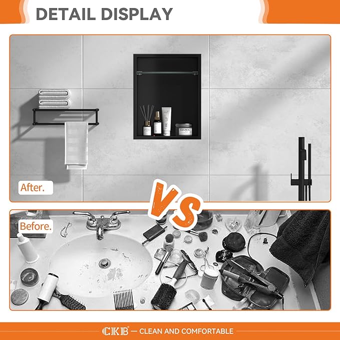 CKB Shower Niche Stainless Steel, 18 Inch x 14 Inch x 4 Inch Depth, Double-Layer Storage Shelves, Recessed Shower Shelf with Matte Black