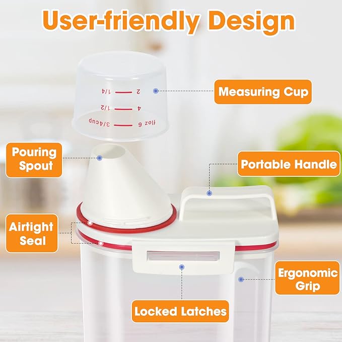 TBMax 2 Pack Rice Storage Containers 4 Lbs, Small Rice Dispenser with Measuring Cup, Cereal Containers Flour Bin, Kitchen Food Storage Container and Pantry Organizers, Pet Dog Cat Food Dispenser