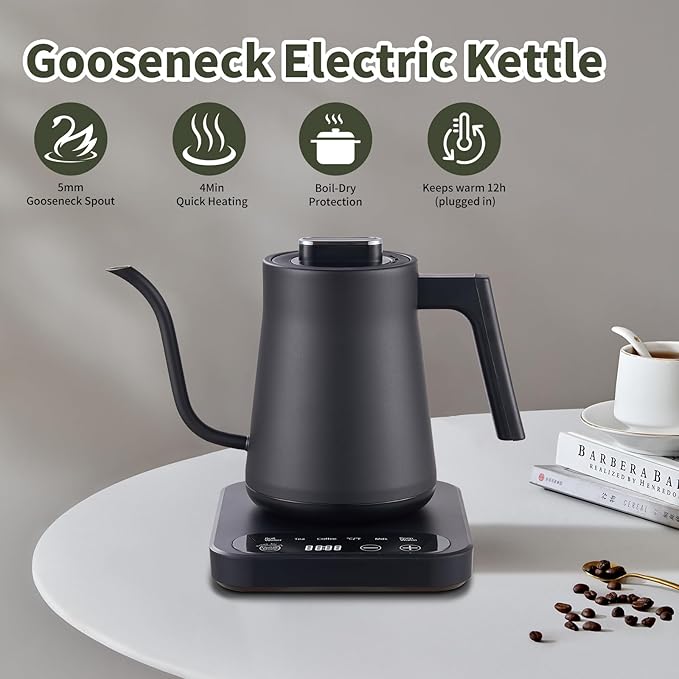 CTT Gooseneck Electric Kettle with Temperature Control, 1L Pour Over Kettle for Coffee/Tea, Hot Water Boiler Kettle Electric, Keep Warm 12 Hours, 316 Stainless Steel Inner, 1000W, Black