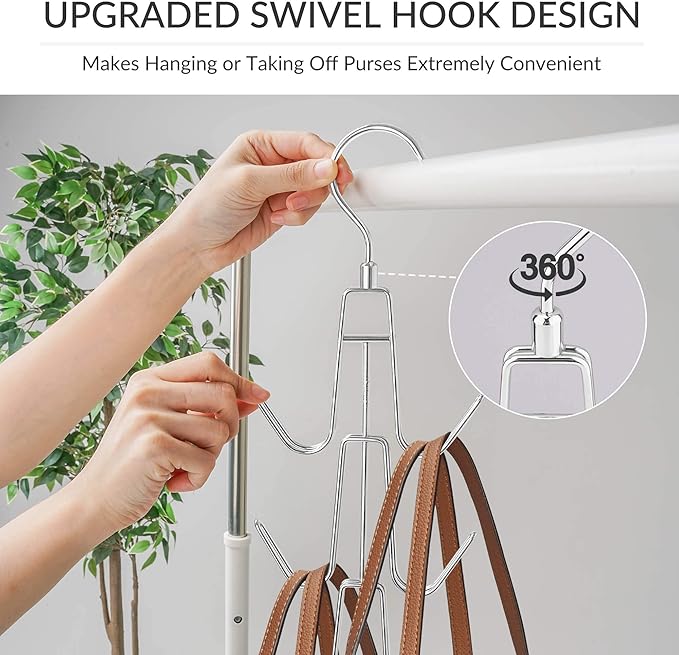 ZEDODIER Purse Hanger Organizer for Closet, Hanging Bag Holder, Keeping Purses Visible and in Good Condition, Metal Handbag Storage Hook Backpack Rack Space Saving Hanger, Silver