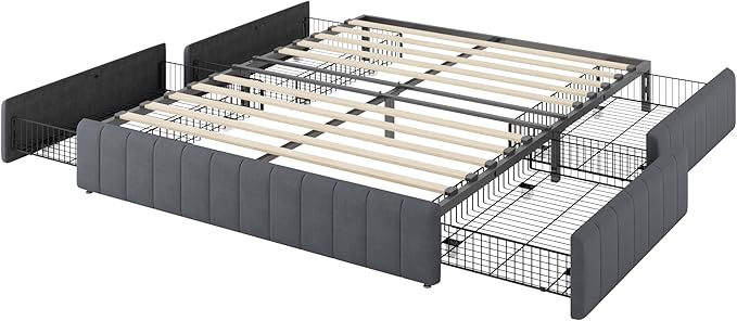 Allewie Full Size Platform Bed Frame with 4 Large Storage Drawers, Velvet Vertical Channel Tufted Upholstered Bed Base, Wooden Slats Support, Noise-Free, No Box Spring Needed, Easy Assembly, Grey