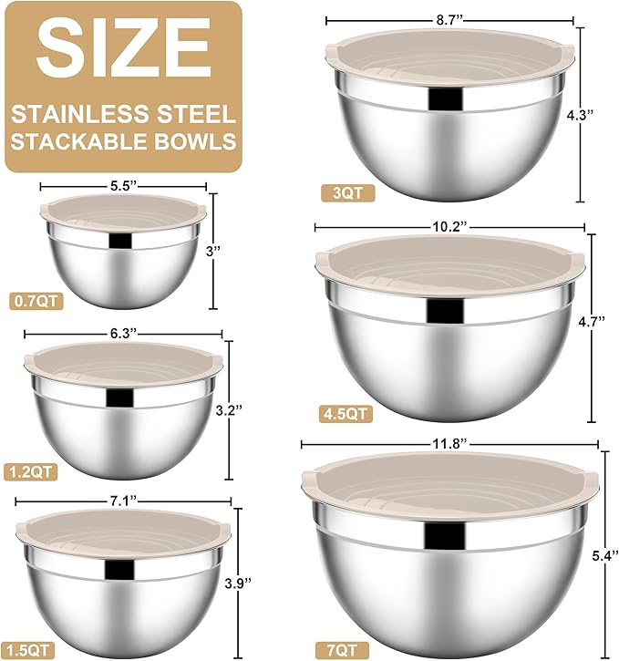 E-far Mixing Bowls with Lids, 12-Piece Stainless Steel Salad Bowls Metal Nesting Bowls for Baking Cooking and Prepping, Airtight Lids & Stackable Design, Size 7, 4.5, 3, 1.5, 1.2, 0.7 QT (Khaki)