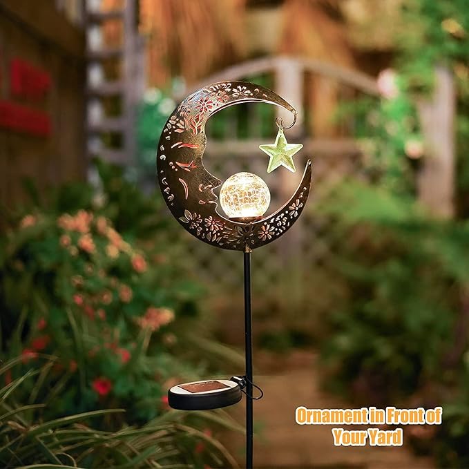 Solar Lights Outdoor Decor Moon Lantern for Patio,Lawn or Pathway Moon Decorations Crackle Glass Globe Stake Metal Lights Waterproof Warm LED Garden Gifts (Bronze)