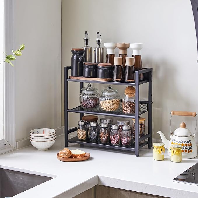 IBUYKE 3-Tier Spice Rack Industrial Counter Shelf Desktop Storage Organizer Standing Seasoning Rack for Countertop Kitchen Office Living Room Desktop Black UTLJ021B