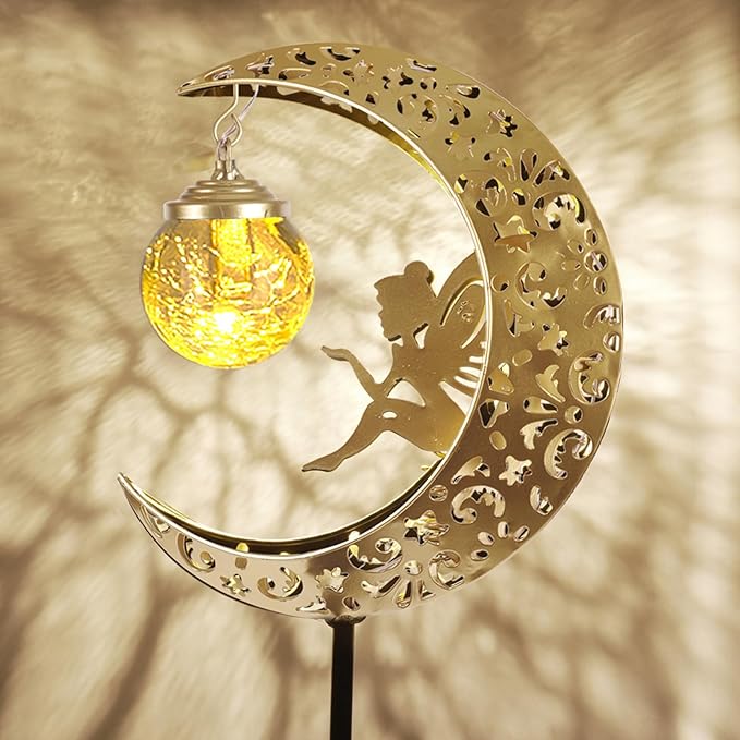 Solar Lights Outdoor Waterproof Fairy Moon Crackle Glass Lights with Metal Angel Decor for Walkway Yard Patio or Garden Gifts for Mom Grandma Friends