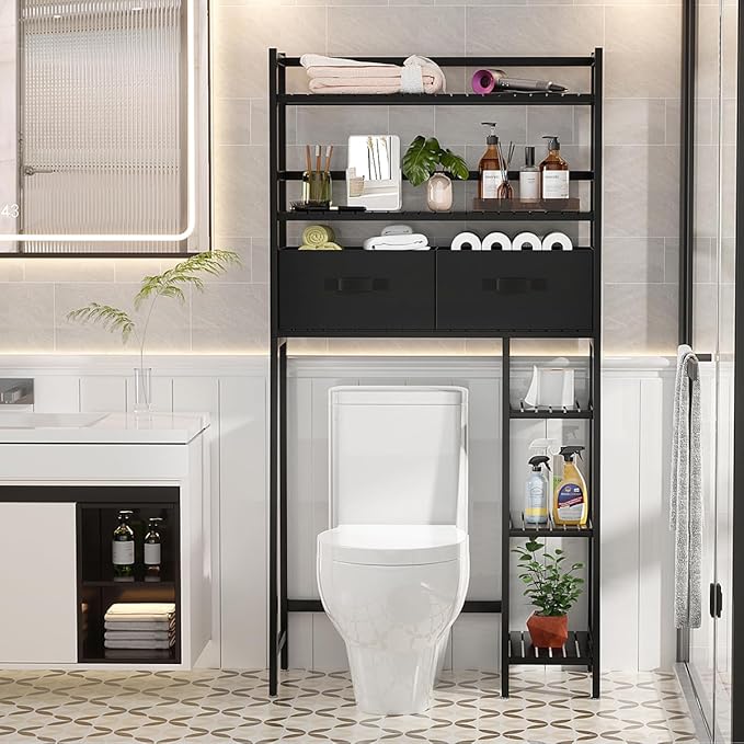 Homykic Over The Toilet Storage with 2 Drawers, Bamboo Above Toilet Shelf Organizer, Bathroom Tower Rack with Toilet Paper Holder Stand, Space Saver, Mass Storage, No Rust, Black