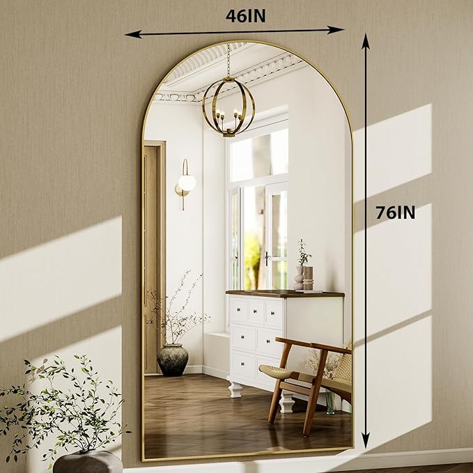 HARRITPURE 76"x46"Full Length Mirror - Arch Floor Mirrors with Aluminum Alloy Frame Free-Standing Wall Mounted or Leaning Large Bedroom Dressing Mirror,Gold