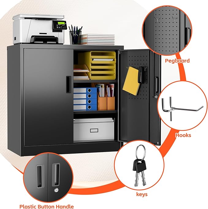 Aobabo 31.5" H Metal Storage Cabinet with 2 Shelves, Steel Lockable Cabinet with 4 Hooks for Home Office Garage, Black, Assembly Required