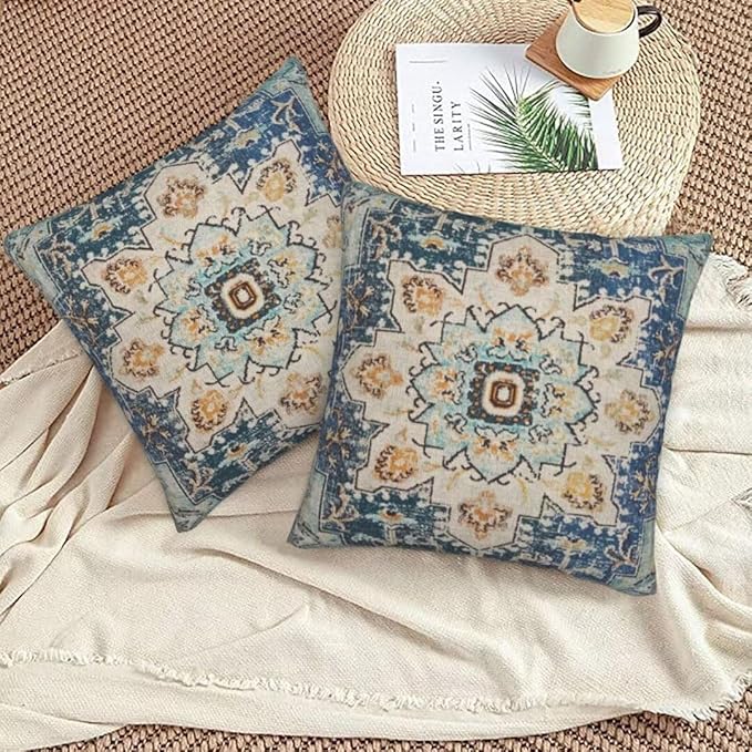 Boho Pillow Covers 24x24 Set of 2, Light Blue Beige Carpet Pattern Outdoor Decorative Throw Pillows Vintage Linen Ethnic Rustic Farmhouse Cushion Cases for Couch Sofa Decor
