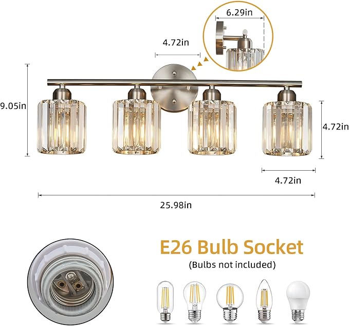 Modern 4 Light Crystal Vanity Light, Brushed Nickel Vertical Bathroom Light Fixture Over Mirror for Dressing Table Sink, Compatible with Dimmable Bulbs (Bulbs Not Included)