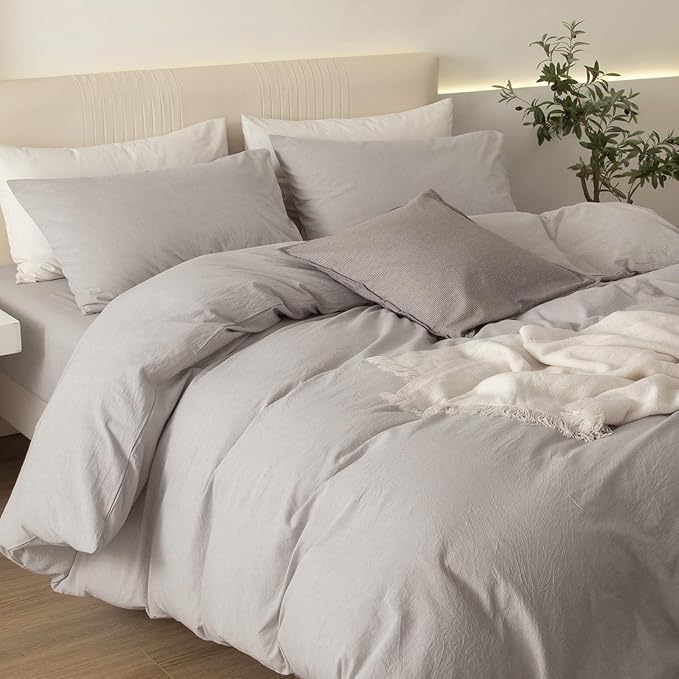 JIYUAN 100% Washed Cotton Duvet Cover Set 3 Pieces Cal King, 1 Duvet Cover 104x98 Inches(Comforter Not Included) and 2 Pillowcases,Linen Feel Bedding Set Comfy and Breathable, Heathered Cream Grey