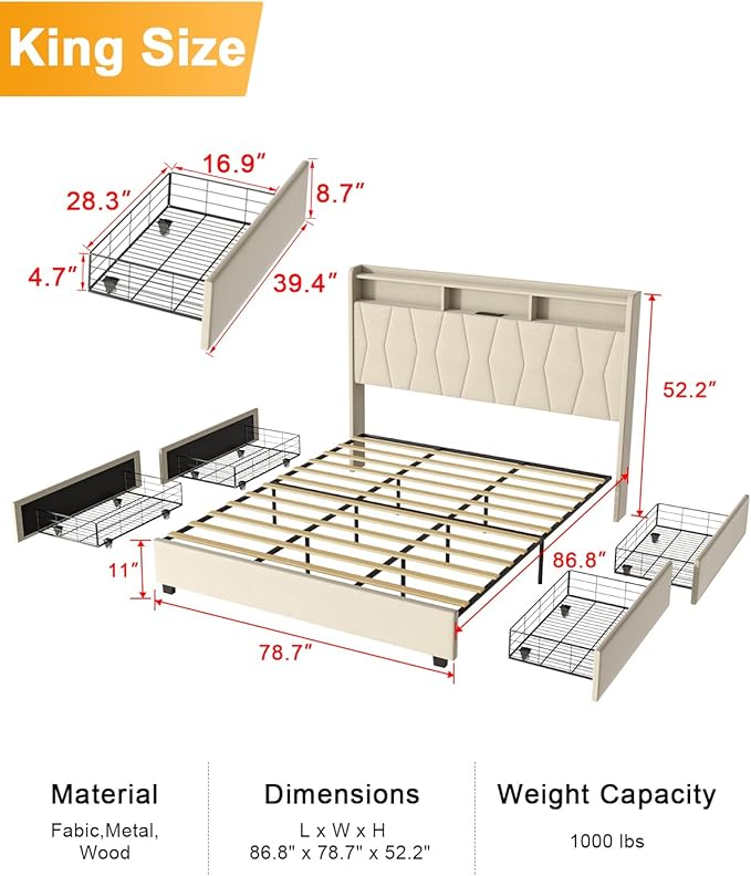 King Size Bed Frame, Velvet Upholstered LED Platform Bed with Headboard Storage, Bed Frame King Built-in Charging Station with 4 Drawers, Wood Slat Support, No Box Spring Needed, Beige