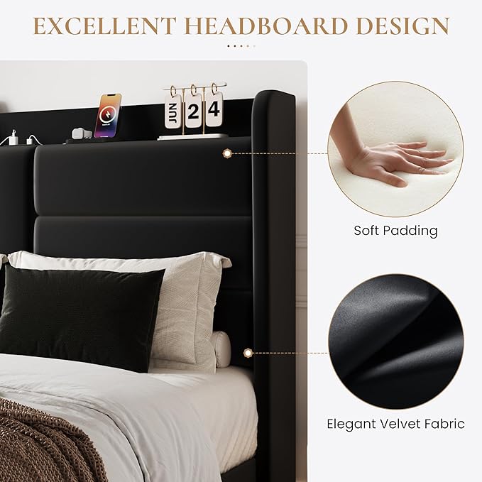 SHA CERLIN Queen Size Bed Frame with Charging Station & Storage Headboard, Velvet Platform Bed with Upholstered Modern Wingback Design, Wooden Slats Support, No Box Spring Needed, Easy Assembly, Black