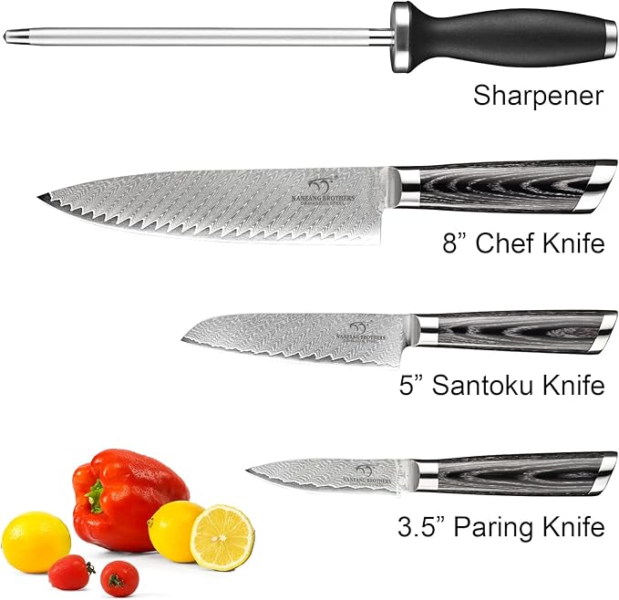 NANFANG BROTHERS Damascus Knife Set 4 PCS, Japanese Knife Set, VG10 Steel Core Chefs knives Sets, Professional Ultra Sharp Kitchen Knives, Equipped with Ergonomic Handles