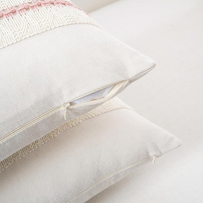 Fancy Homi Set of 2 Boho Pink Long Lumbar Decorative Throw Pillow Cover 12x24 Inch for Couch Bed Sofa Chair, Modern Organic Farmhouse Home Decor, Soft Cotton Cute Accent Rectangle Cushion Case