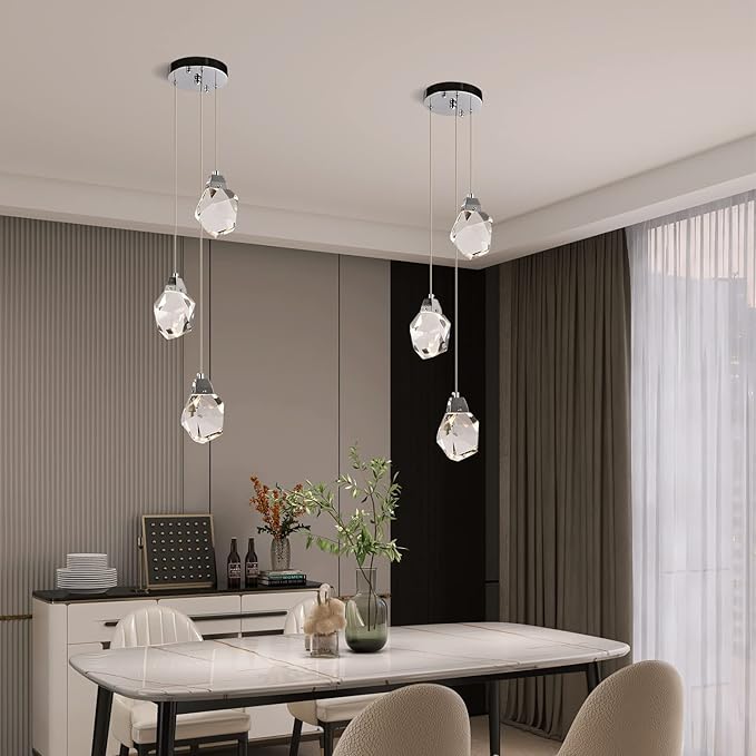 Modern Crystal Chandeliers, Round Raindrop Dimmable Pendant Lights Kitchen Island, Luxury Chrome Ceiling Hanging Lamp for Farmhouse Foyer Bedroom Entryway Dining Room (Round 3-Lights)