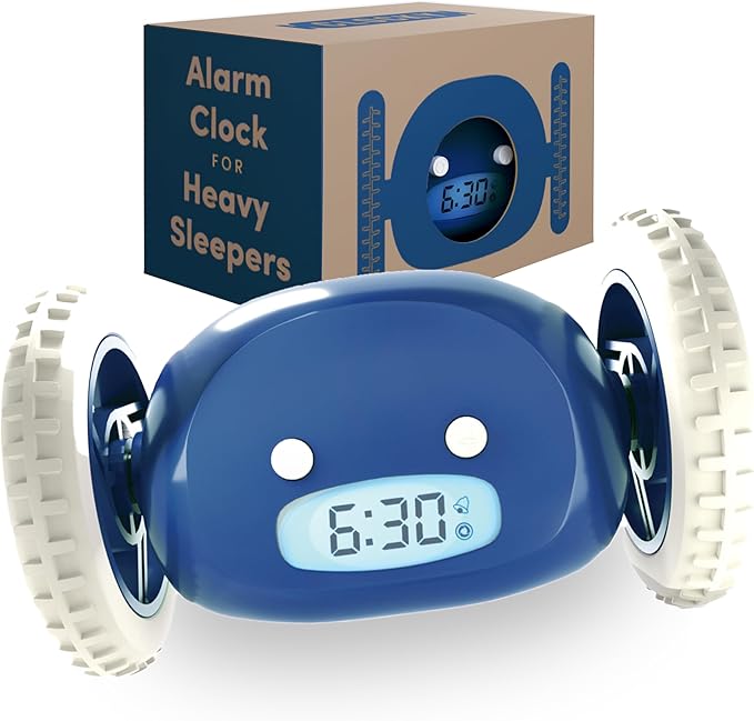 CLOCKY Extra Loud Alarm Clock for Heavy Sleepers on Wheels Rolls Runs Away Vibrating Easy to Set Super Smart Snooze Digital Bed Shaker Alarm Clock Funny Gift for Adults Kids Teens Bedrooms (Navy)