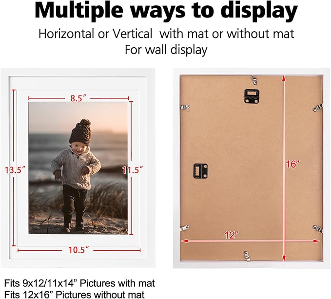KINLINK 12x16 Picture Frame White - Solid Wood Frames with Acrylic Plexiglass for Pictures 11x14/9x12 with Mat or 12x16 without Mat, Wall Display Photo Frame, Set of 4