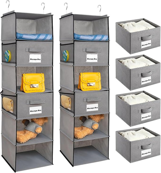 2 Pack 6 Shelves Hanging Closet Organizer with 2 Drawer, Hanging Storage with 4 Side Pockets for Clothes Shoes, 43.5"x12"x12"(Gray)