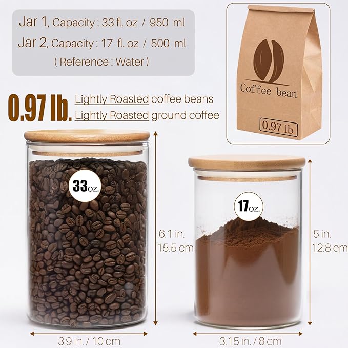33 oz Glass Food Storage Jars with Airtight Lids, Clear Glass Jar with Bamboo Lid, Airtight Food Canister for Tea, Candy, Coffee, Sugar, Cookie, Snack. (Round | 5+6 Inch) SET of 3