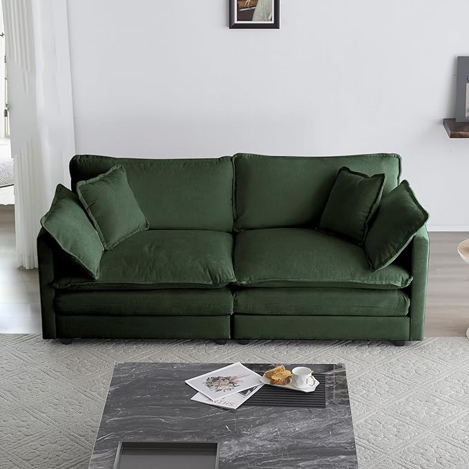 KIVENJAJA Chenille Loveseat Sofa, Oversized 2-Seater Small Cloud Couch, Modern Comfy Deep Seat Love Seat with 4 Pillows for Living Room Bedroom Office Apartment, 76.7”W, Green