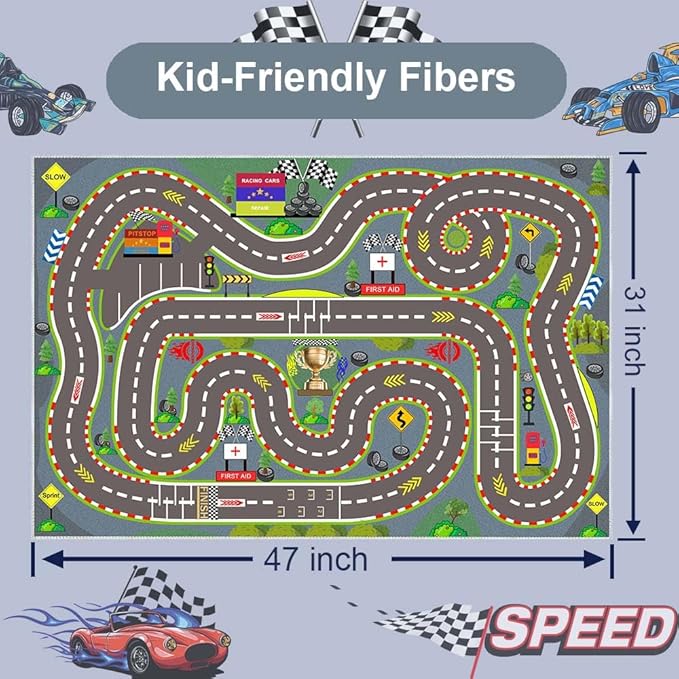 Kids Rug, Race Track Playmat Rugs 47×31 in Kids Carpet with Rubber Backing, Start and Finish line Racing Track Marking Car Road Race 3D Play Mat Nursery Rugs for Children Bedroom Playroom