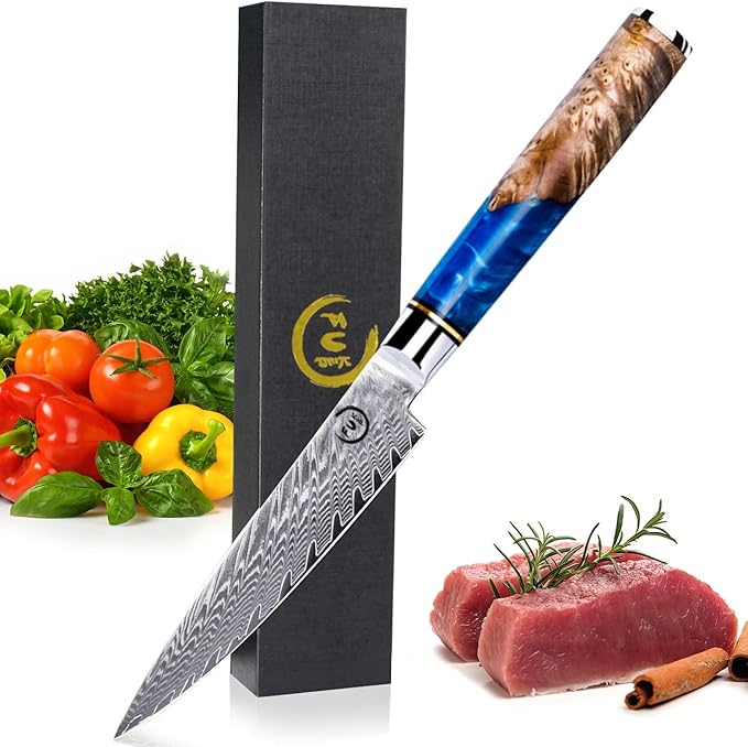 5 Inch Kitchen Utility Knife, Damascus Paring Knives,Japanese VG10 Steel Damascus Fruit Knife-Ergonomic Blue Resin Handle Ideal Birthday Gift for Men and Women