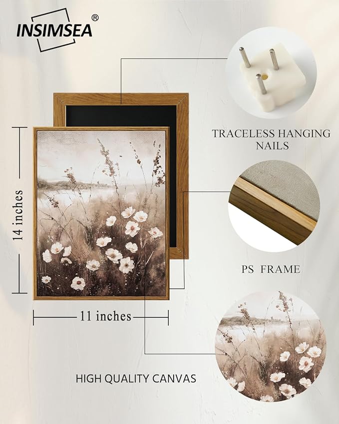 InSimSea Framed Wall Art for Living Room Landscape Canvas Wall Decor Meadow with Flowers Vintage Paintings Classical Wildflower Field Scene Boho Floral Pictures Decor for Bathroom Bedroom 11x14in
