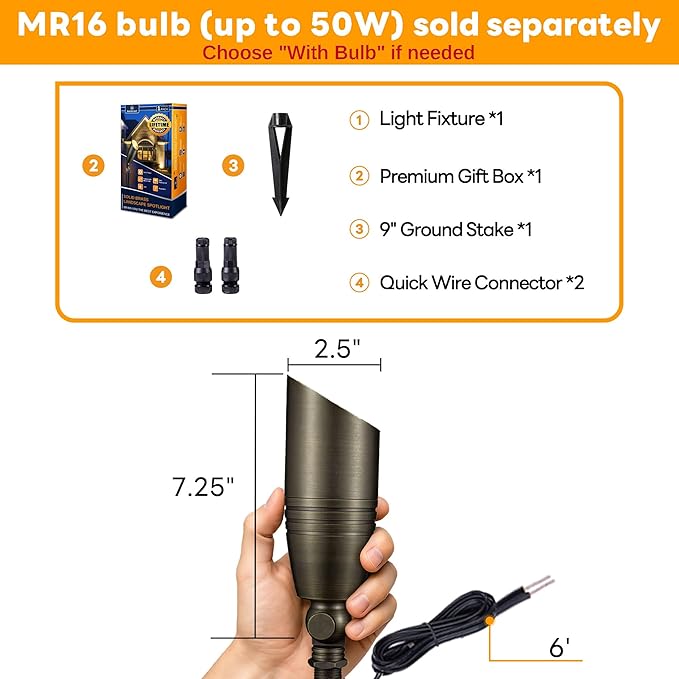 Low Voltage Spot Lights - Solid Brass Landscape Spotlight Wired, 12V Outdoor LED Uplights Waterproof, Electric Bronze Adjustable Focus for Patio Wall Without MR16 Bulb (6 Pack)