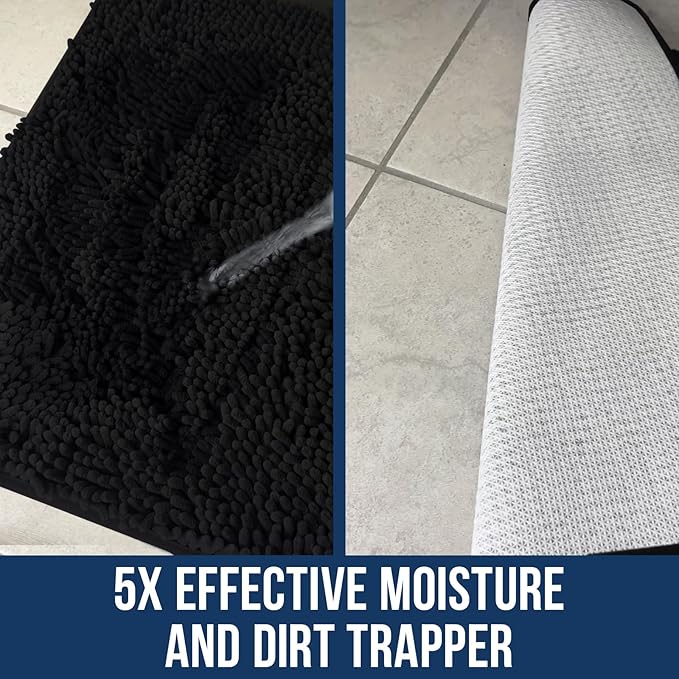 Muddy Mat Chenille Bathroom Rugs Quick Dry Microfiber Mats Non Slip Washable, Extra Thick, Soft and Highly Absorbent Bath Mats for Bathroom, Kitchen, and Shower Floor - Black XL 59"X35"