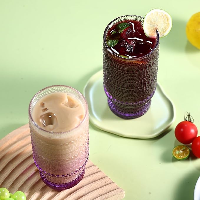 6pcs Hobnail Drinking Glasses Set, 16 oz Vintage Glassware Drinking Glasses, Gradual Purple Water Glasses Tumbler, Cups for Kitchen, Juice, Beer, Cocktail, Whiskey