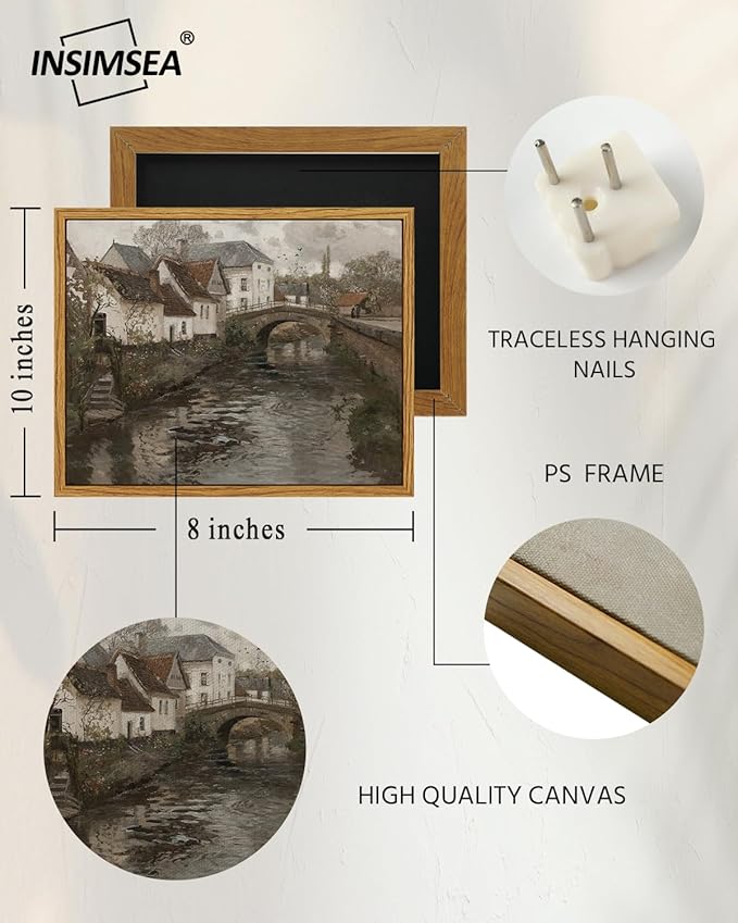InSimSea Framed Canvas Wall Art Vintage Decor, Room Decor Vintage Scenery Office Home Bathroom Decor Wall Art, Classical Oil Painting Small town near La Panne Canvas Prints, 8"x10"