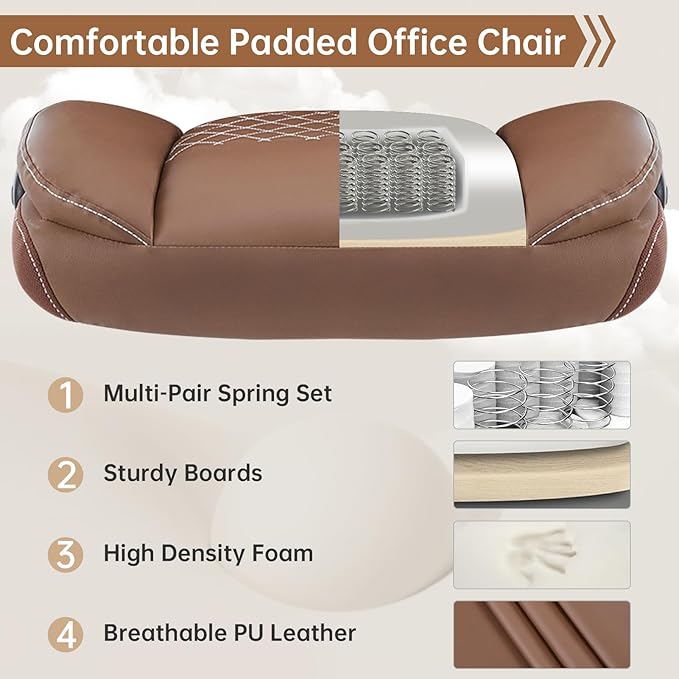 YFO Leather Office Ergonomic Home Office Desk Chair, Back Support Swivel Executive Office Chair with Wheels and Flip-Up Armrests, Small Gaming Chair with Adjustable Rocking Function, Brown