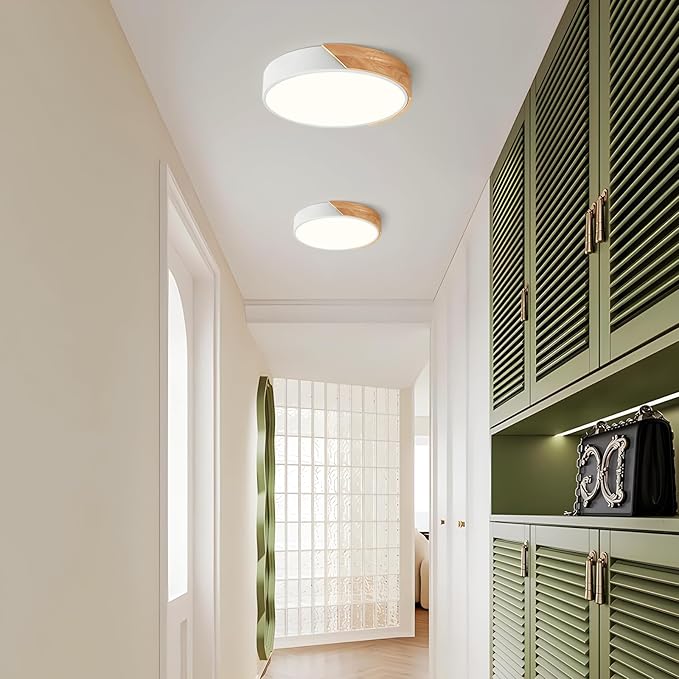 Modern Dimmable White Flush Mount Ceiling Light Wood Close to Ceiling Lights for Bedroom Round LED Ceiling Lamp Lighting Fixture for Hallway Kitchen Laundry Room(11.8in)
