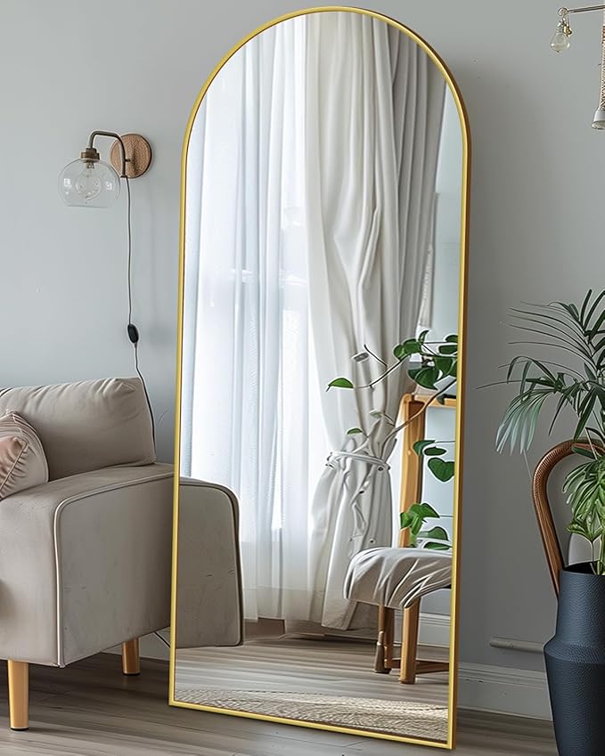 Antok Full Length Mirror, 59"x18.1" Floor Mirror with Stand, Hanging Mounted Mirrors for Bedroom, Living Room, Cloakroom, Dining Room, Gold, Arched