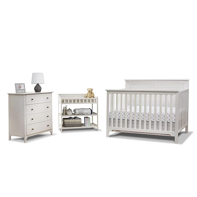 Sorelle Furniture Farmhouse 3-Piece Nursery Set with 4-in-1 Convertible Crib, 4-Drawer Dresser, and Changing Table with Shelves, Baby Furniture Made of Wood, Non-Toxic Finish-Weathered White