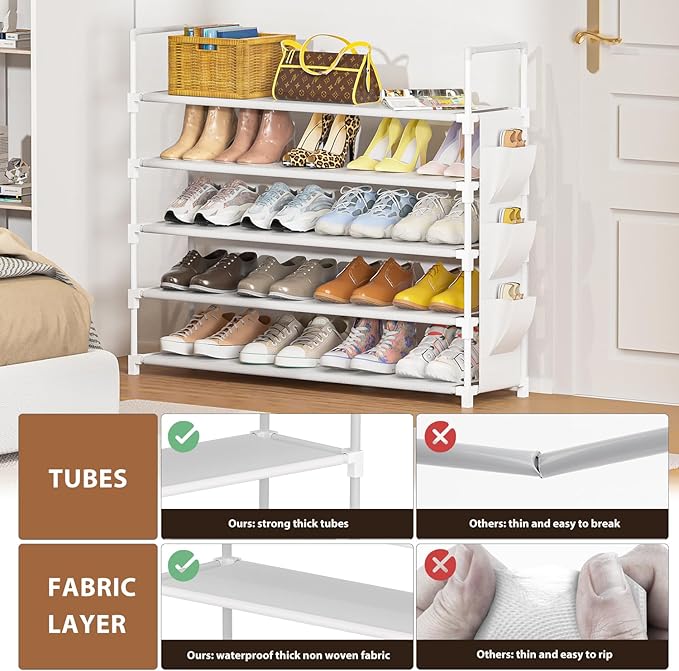 5 Tier Shoe Organizer, 33.3in Wide x 11.2in Deep x 35.6in Tall, Black Metal and Plastic Shoe Rack with Side Bag, Holds 20-25 Pairs of Shoes