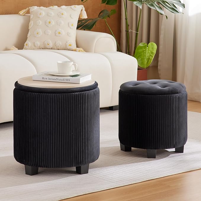 Round Ottoman with Storage Set of 2-Upholstered Sherpa Vanity Stool for Makeup Multifunctional Ottomans Coffee Table Padded Seat Foot Rest (Engineered Wood, Large Black)