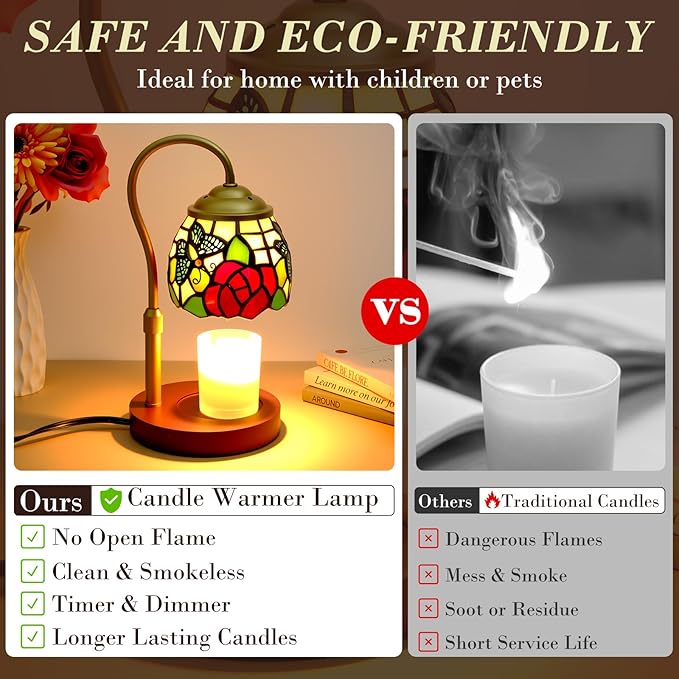 Candle Warmer Lamp with Timer Dimmer, Adjustable Height Candle Warmer for Jar Candles, Birthday Gifts for Women New Home Bedroom Decor Tiffany Butterfly Style Stained Glass with 2 Bulbs