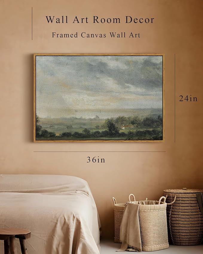 InSimSea Framed Canvas Wall Art Vintage Decor, Landscape Wall Art Home Decor, Wild Field under Sky, Modern Farmhouse Decor, Cottagecore Bedroom Kitchen Bathroom Decor, 24"x36"