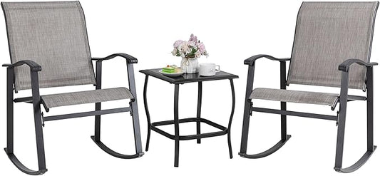 Shintenchi 3 Piece Rocking Bistro Set, Outdoor Furniture with Rocker Chairs and Glass Coffee Table Balcony, Porch Furniture for Small Space, Gray