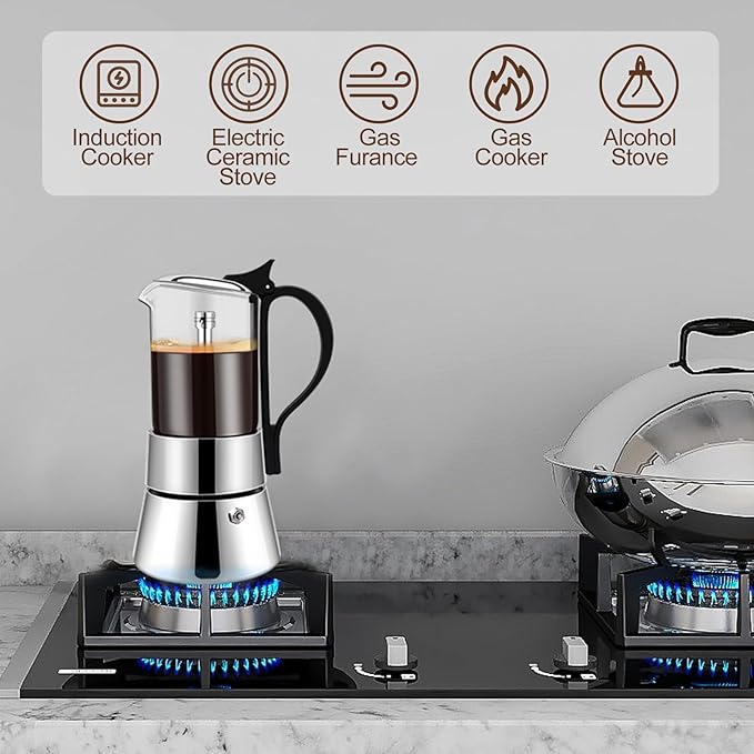 6 Cup Glass Transparent Moka Pot Stainless Steel Uncoated Stovetop Espresso Maker Italian Coffee Makers Mocha Greca Machine Cafe Classic Induction Cookers for Home Camping 350ml