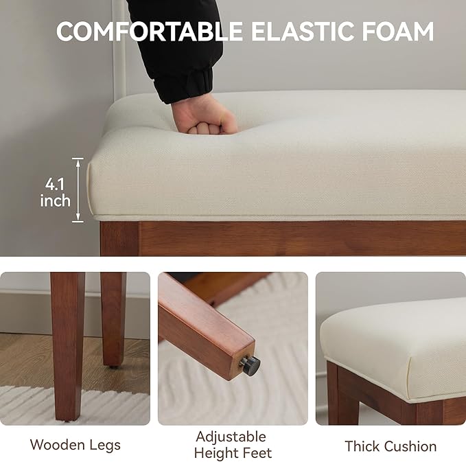 43.5'' Linen Bedroom Bench, Upholstered End of Bed Bench, Padded Vintage Dining Bench, Entryway Bench with Solid Wood Legs, Kitchen, Living Room, Hallway, White